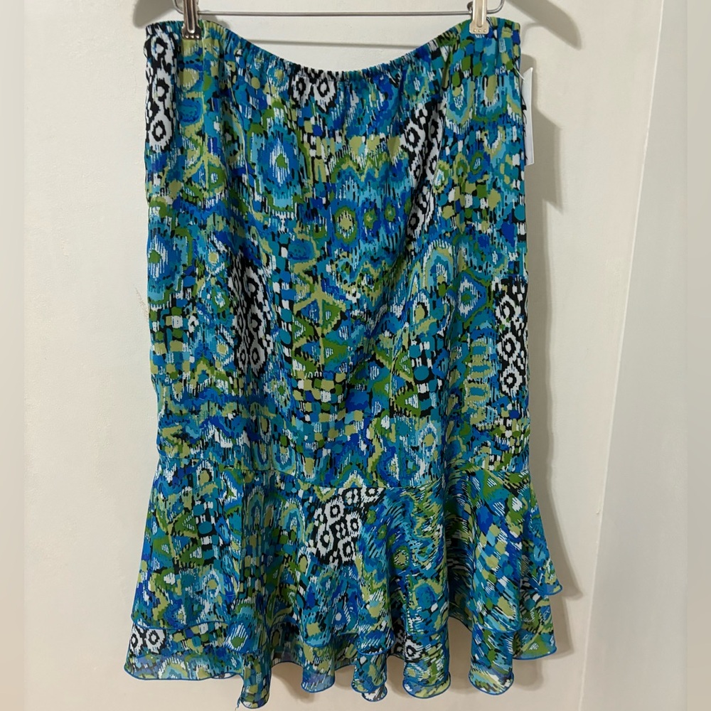 Vintage N Touch Blue and Green Ruffle Rayon Skirt Side Slit Size Large NWT